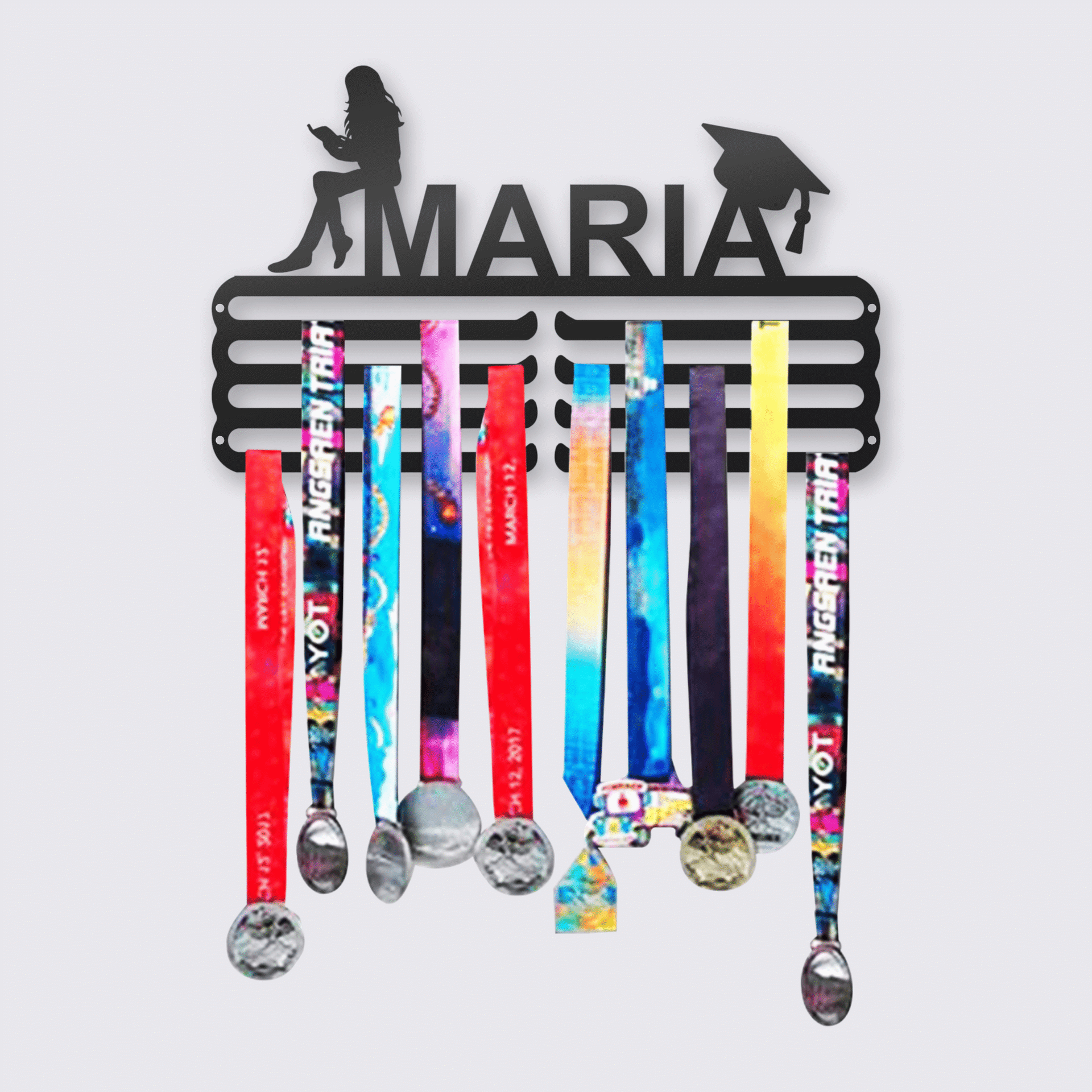 Personalized medal hanger with the name "Maria", 4 rows