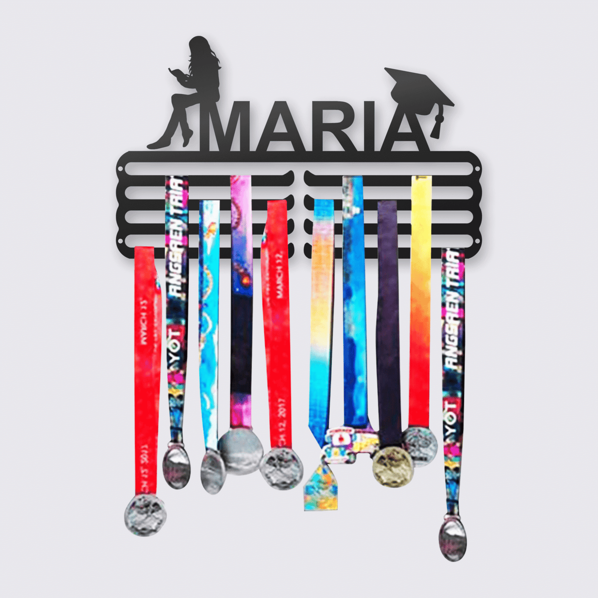 Personalized medal hanger with the name "Maria", 4 rows