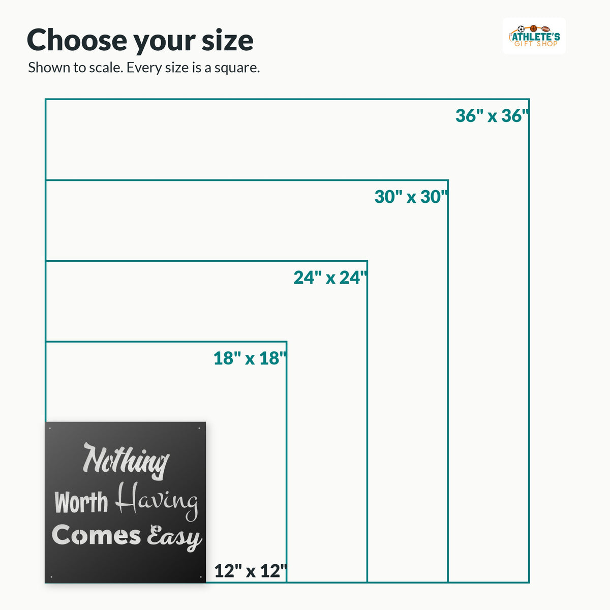 Square sign sizes shown to scale: 12, 18, 24, 30 and 36 inches