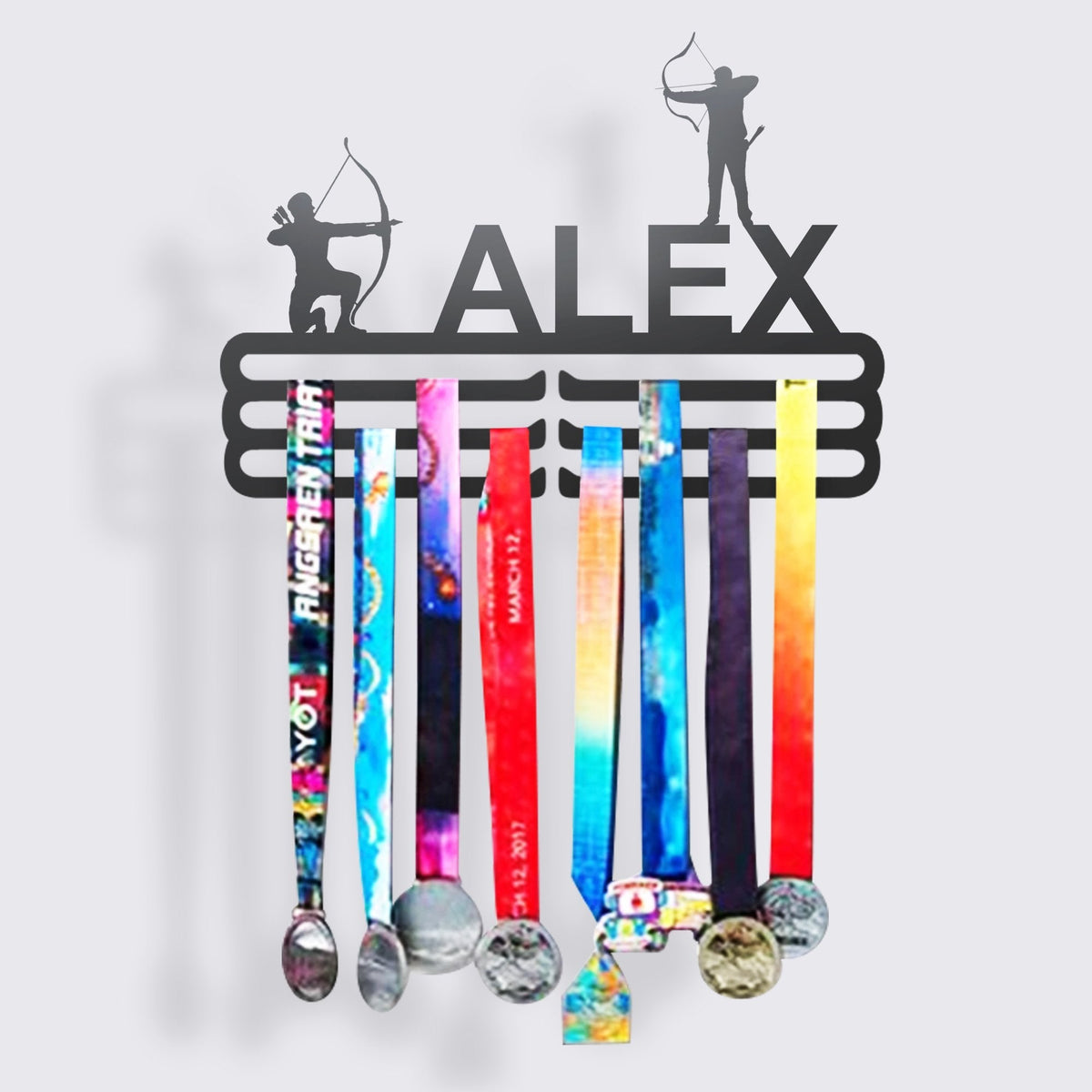 Personalized Archery Medal Hanger, alternate view of the custom steel medal display — Athlete's Gift Shop