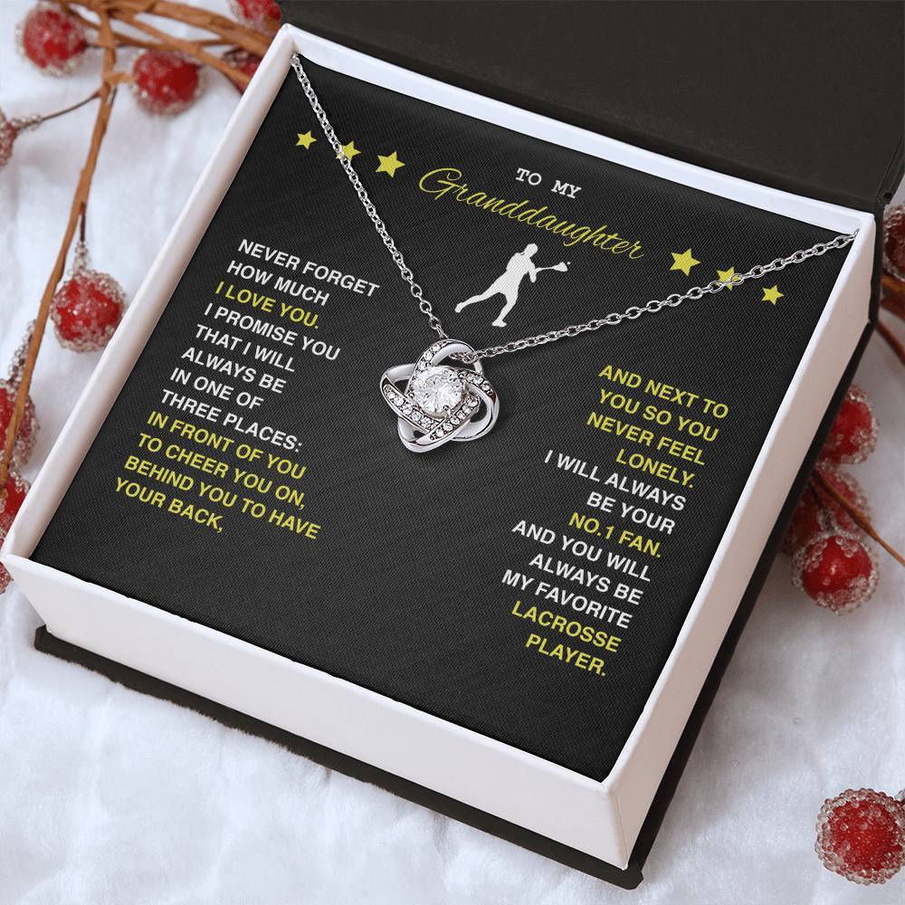 Love Knot Necklace - To My Lacrosse Granddaughter, Never Forget (black card, yellow text)