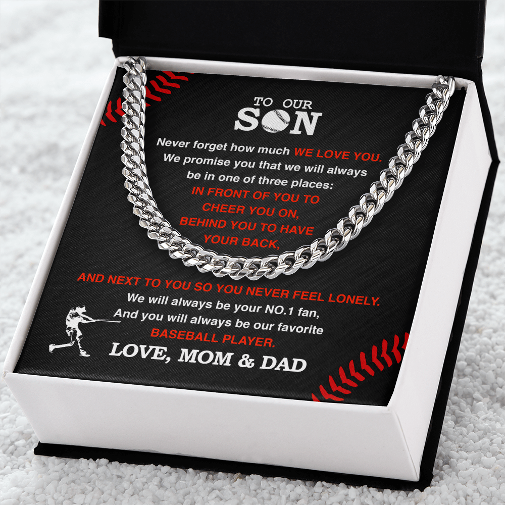Cuban Link Necklace - To My Baseball Son, 1 Fan, Love Mom & Dad - Athlete's Gift Shop
