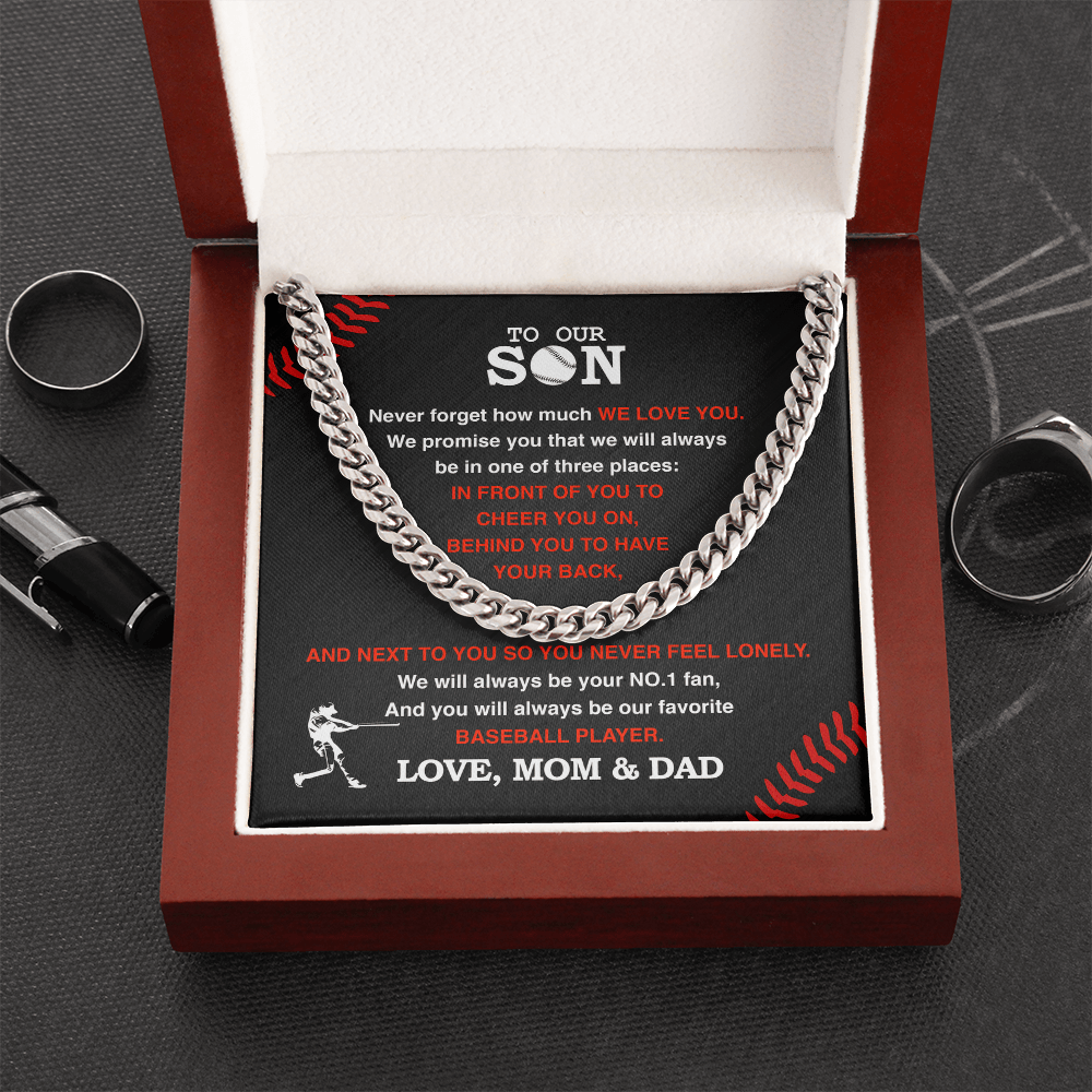 Cuban Link Necklace - To My Baseball Son, 1 Fan, Love Mom & Dad - Athlete's Gift Shop