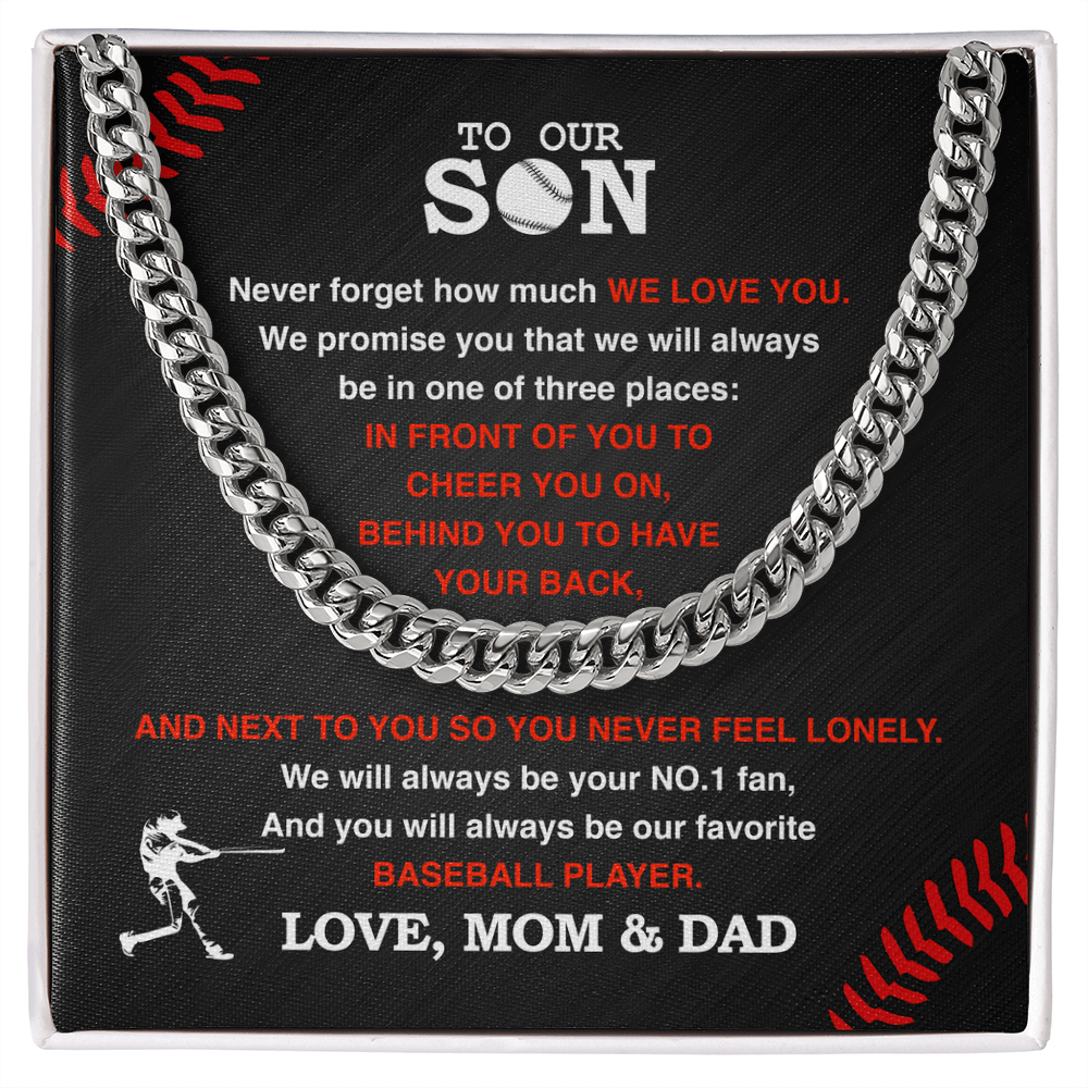 Cuban Link Necklace - To My Baseball Son, 1 Fan, Love Mom & Dad - Athlete's Gift Shop