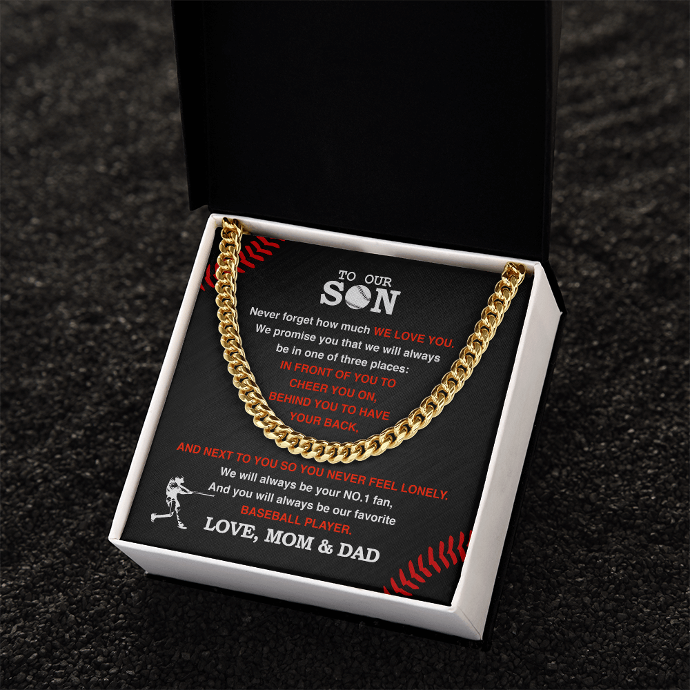 Cuban Link Necklace - To My Baseball Son, 1 Fan, Love Mom & Dad - Athlete's Gift Shop