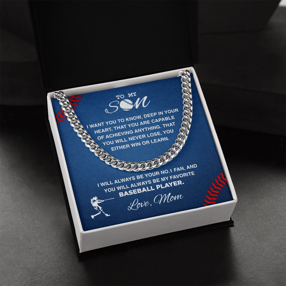 Cuban Link Necklace - To My Baseball Son, Win or Learn, Love Mom - Athlete's Gift Shop