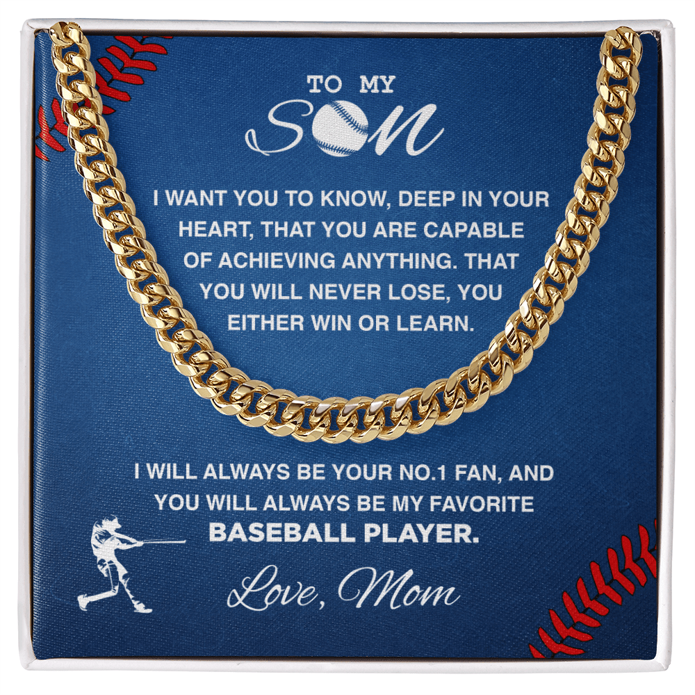 Cuban Link Necklace - To My Baseball Son, Win or Learn, Love Mom - Athlete's Gift Shop