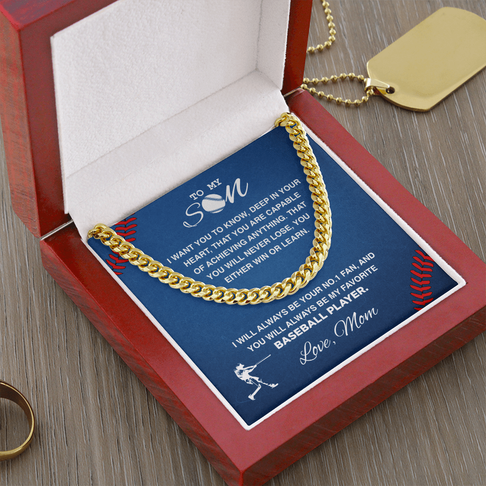 Cuban Link Necklace - To My Baseball Son, Win or Learn, Love Mom - Athlete's Gift Shop