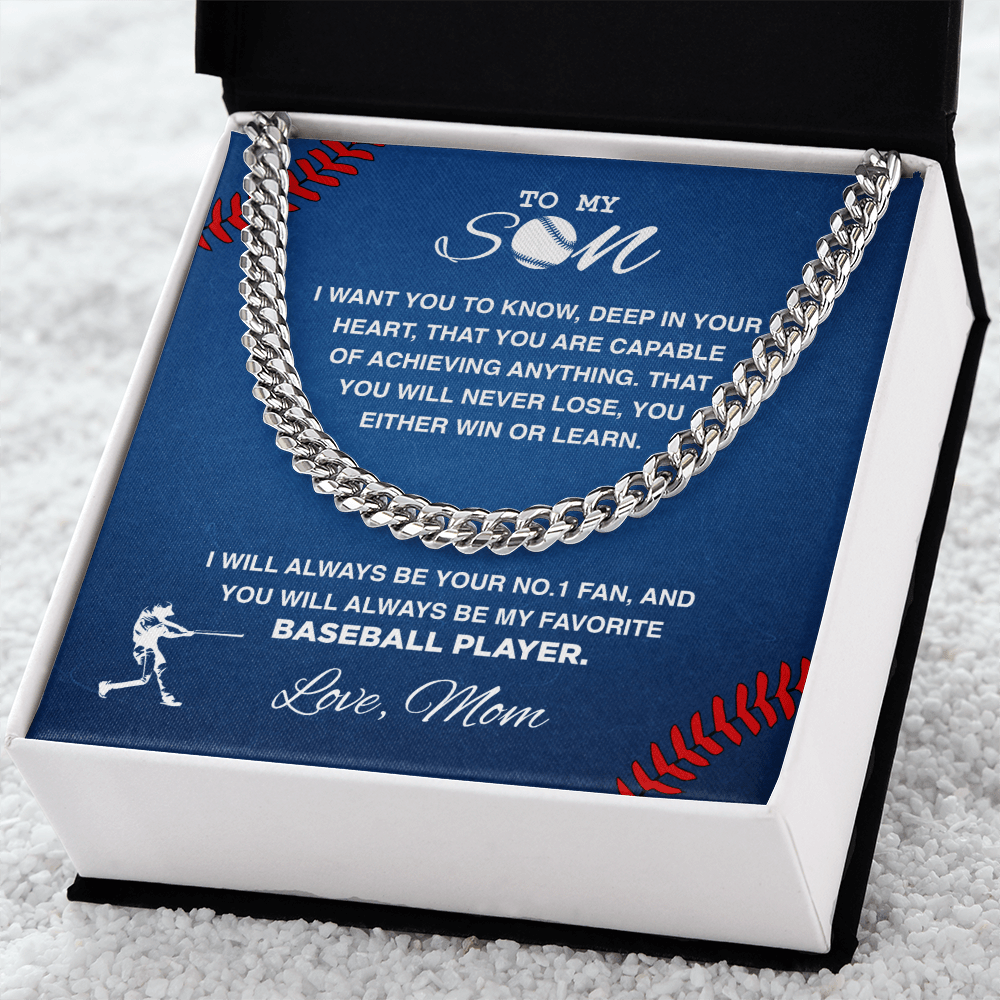 Cuban Link Necklace - To My Baseball Son, Win or Learn, Love Mom - Athlete's Gift Shop