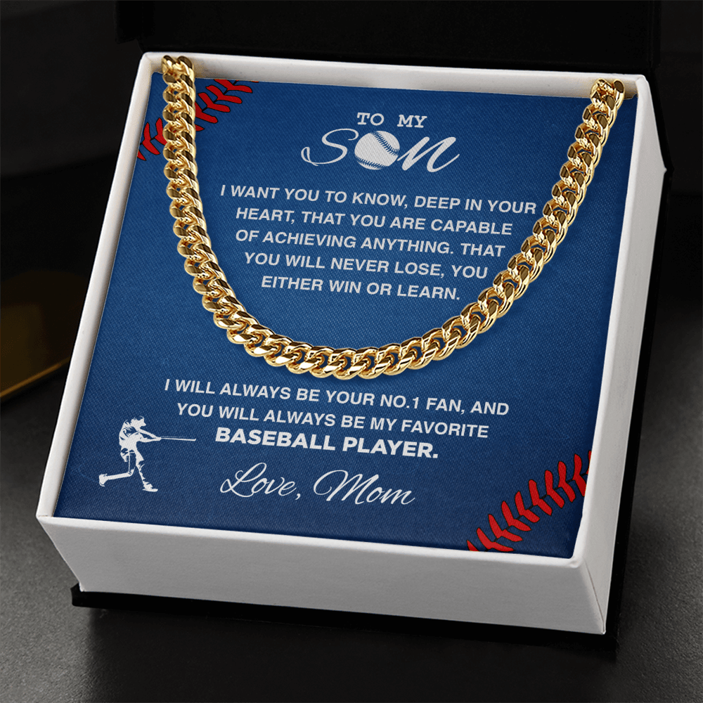 Cuban Link Necklace - To My Baseball Son, Win or Learn, Love Mom - Athlete's Gift Shop