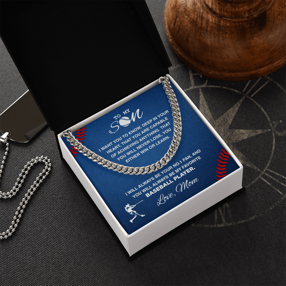 Cuban Link Necklace - To My Baseball Son, Win or Learn, Love Mom - Athlete's Gift Shop