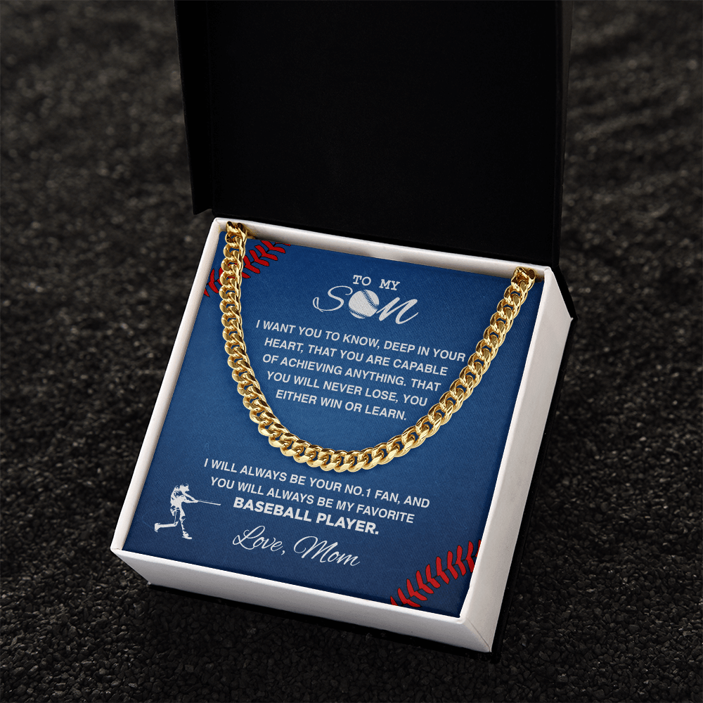 Cuban Link Necklace - To My Baseball Son, Win or Learn, Love Mom - Athlete's Gift Shop