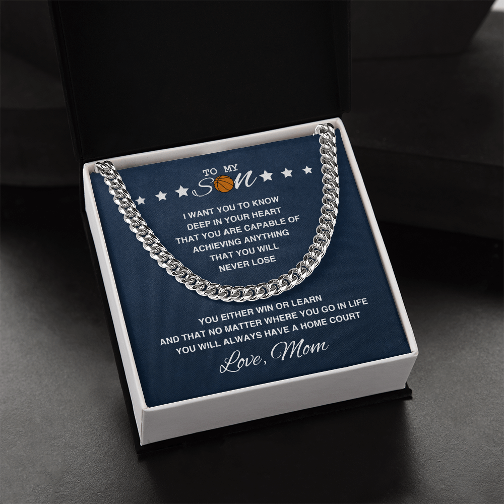 Cuban Link Necklace - To My Basketball Son, Win or Learn, Love Mom - Athlete's Gift Shop