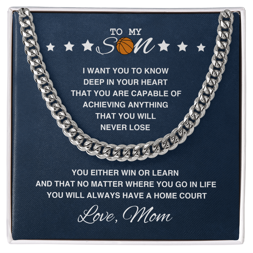 Cuban Link Necklace - To My Basketball Son, Win or Learn, Love Mom - Athlete's Gift Shop
