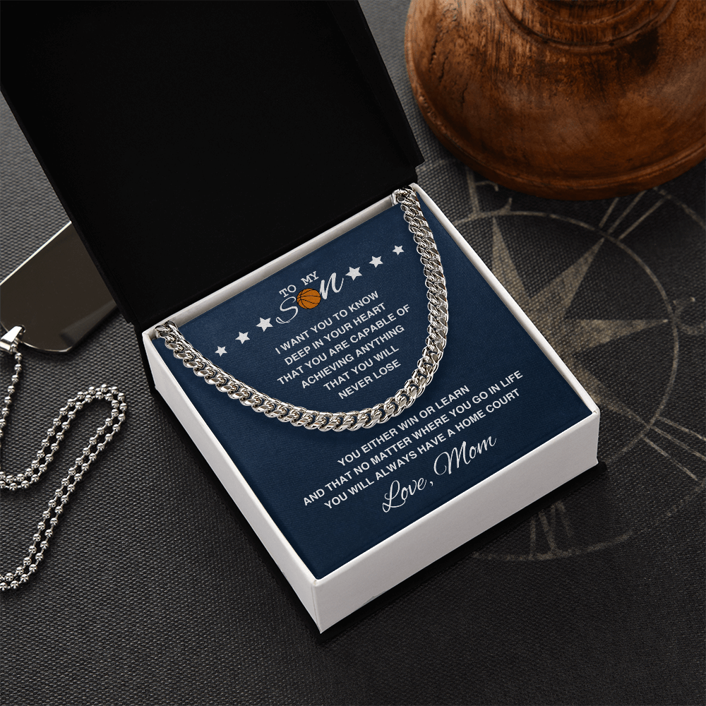 Cuban Link Necklace - To My Basketball Son, Win or Learn, Love Mom - Athlete's Gift Shop