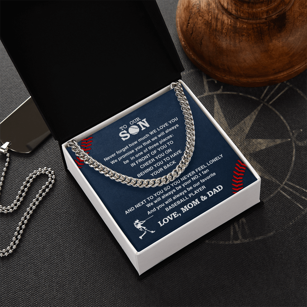Cuban Link Necklace - To Our Baseball Son, 1 Fan, Love Mom & Dad - Athlete's Gift Shop