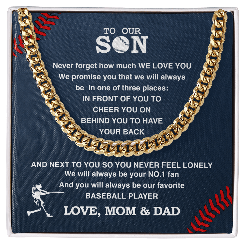 Cuban Link Necklace - To Our Baseball Son, 1 Fan, Love Mom & Dad - Athlete's Gift Shop