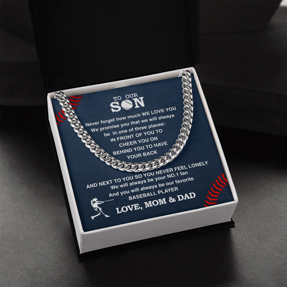 Cuban Link Necklace - To Our Baseball Son, 1 Fan, Love Mom & Dad - Athlete's Gift Shop