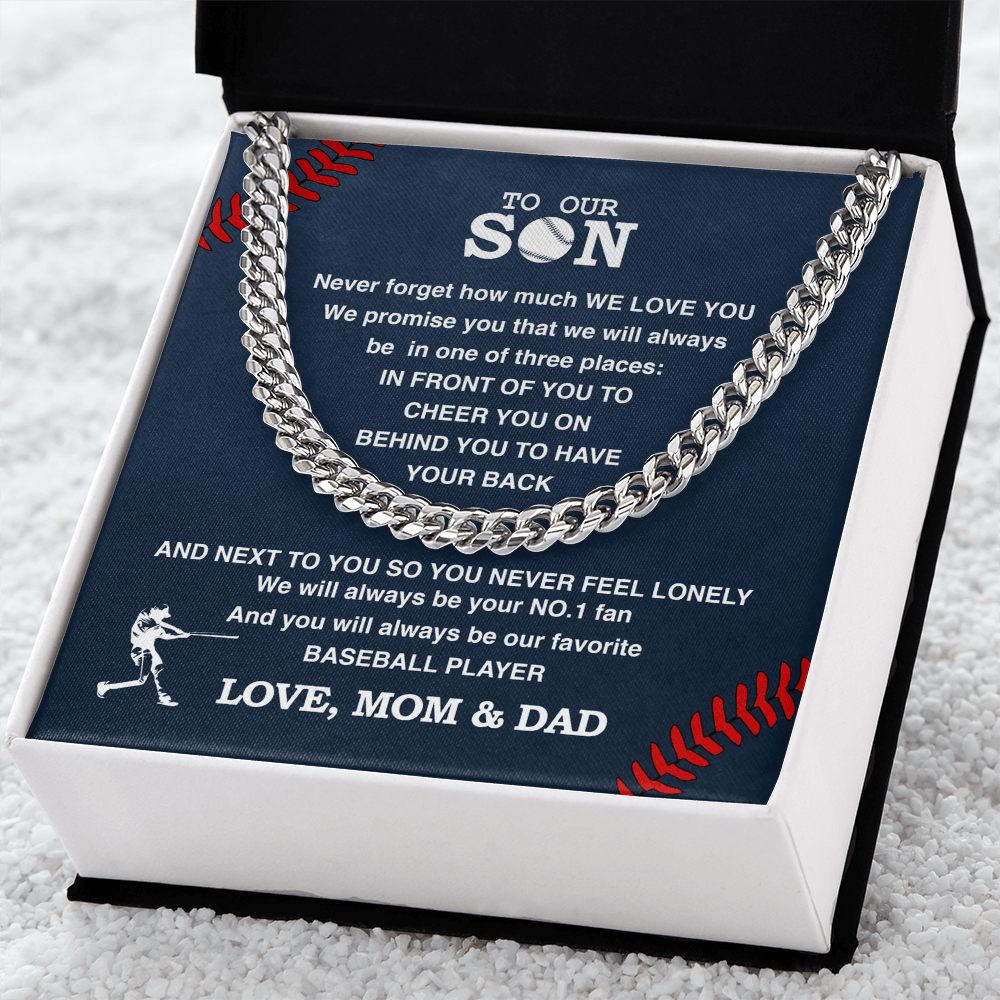 Cuban Link Necklace - To Our Baseball Son, 1 Fan, Love Mom & Dad - Athlete's Gift Shop