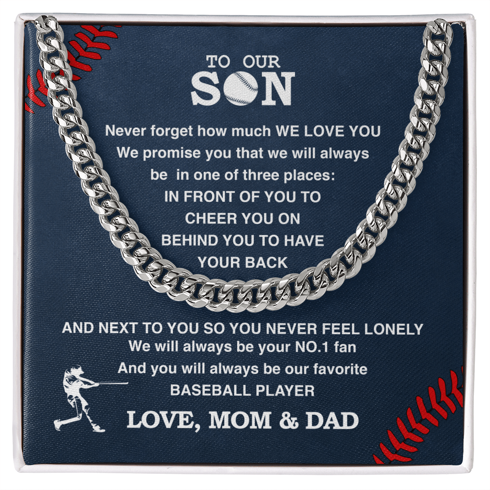 Cuban Link Necklace - To Our Baseball Son, 1 Fan, Love Mom & Dad - Athlete's Gift Shop