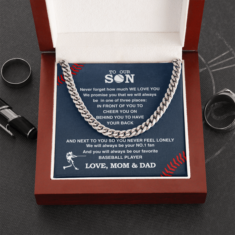 Cuban Link Necklace - To Our Baseball Son, 1 Fan, Love Mom & Dad - Athlete's Gift Shop