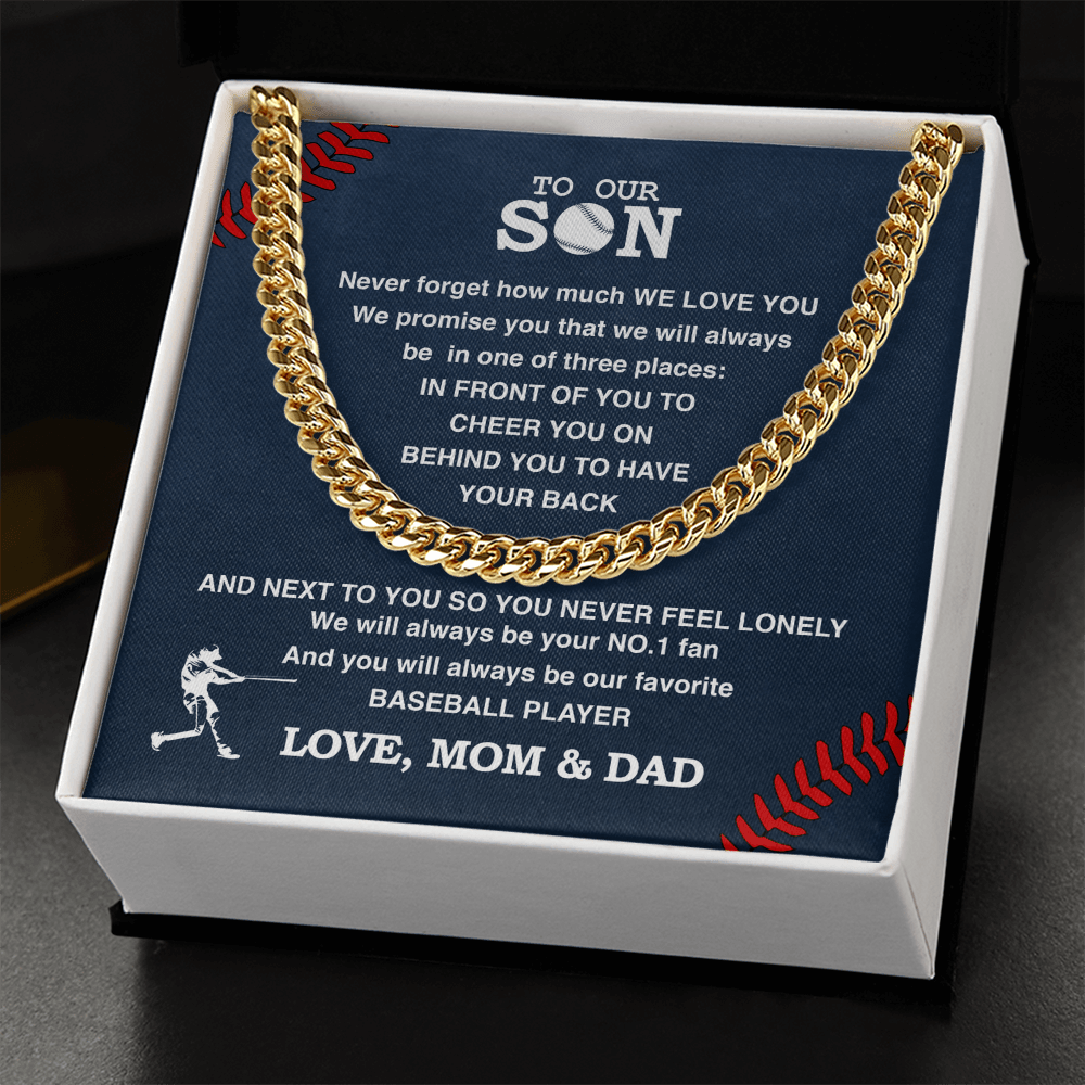 Cuban Link Necklace - To Our Baseball Son, 1 Fan, Love Mom & Dad - Athlete's Gift Shop
