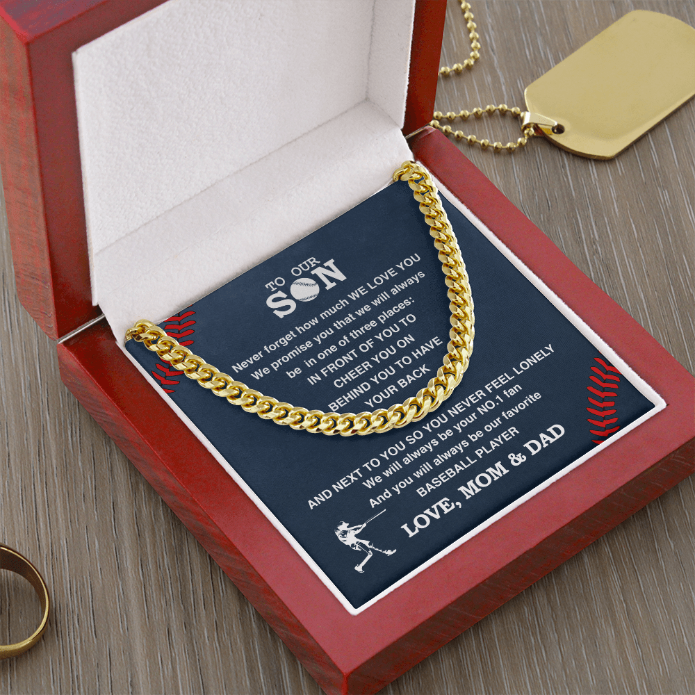 Cuban Link Necklace - To Our Baseball Son, 1 Fan, Love Mom & Dad - Athlete's Gift Shop