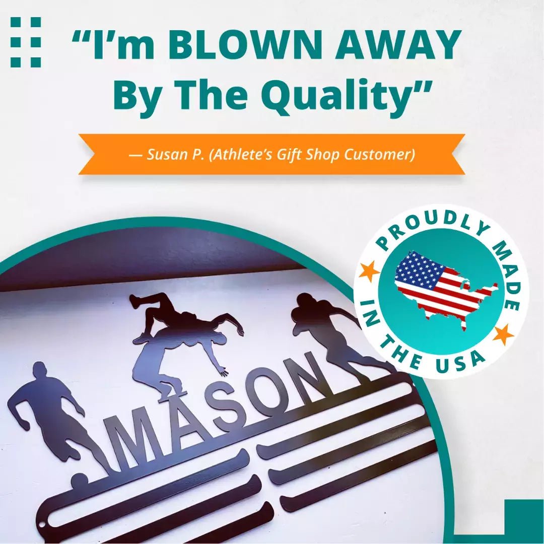 Customer review graphic — "I'm blown away by the quality" — shown with a personalized steel medal hanger, proudly made in the USA