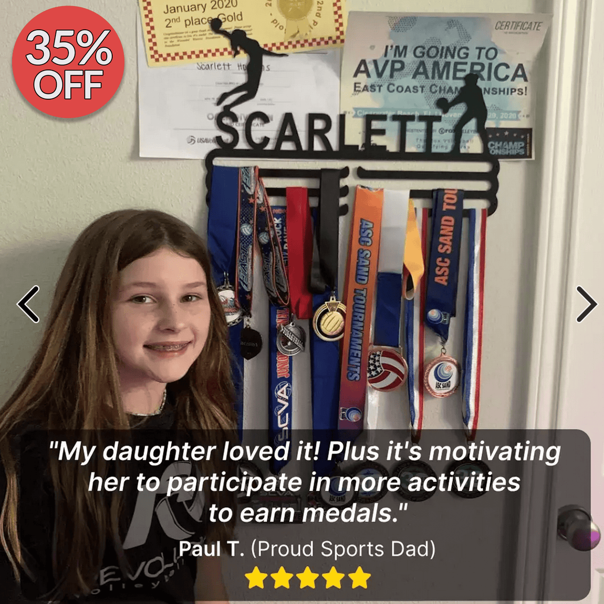 Customer photo of a girl with her personalized medal hanger holding a full season of medals alongside her certificates