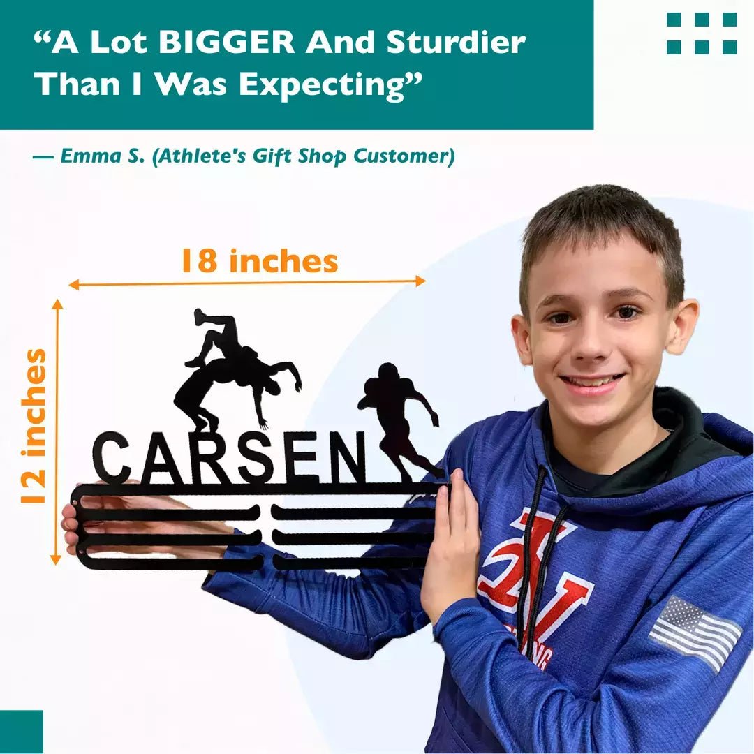 Size guide for the personalized medal hanger: 18 inches wide by 12 inches tall, shown with a customer holding one on the wall