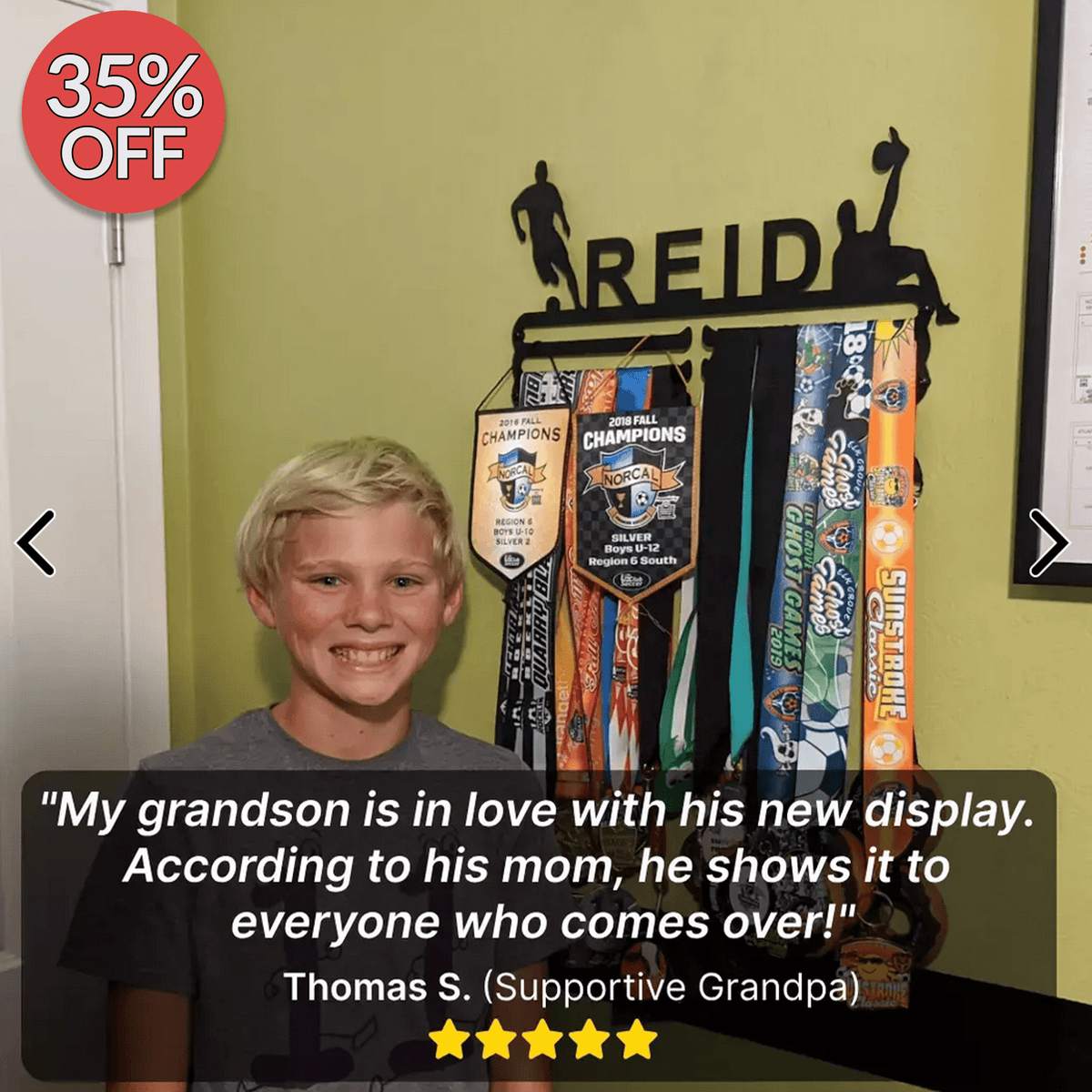 Customer photo of a boy beside his personalized medal hanger filled with tournament medals, with a five-star review from his grandfather