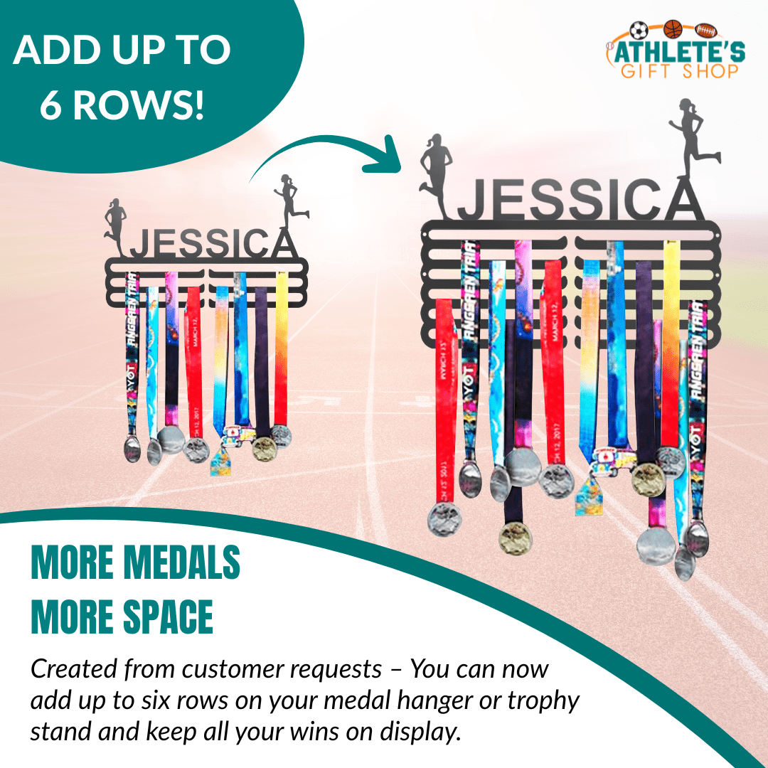 Comparison showing the standard medal hanger next to a six-row version — add up to six rows for more medals and more space