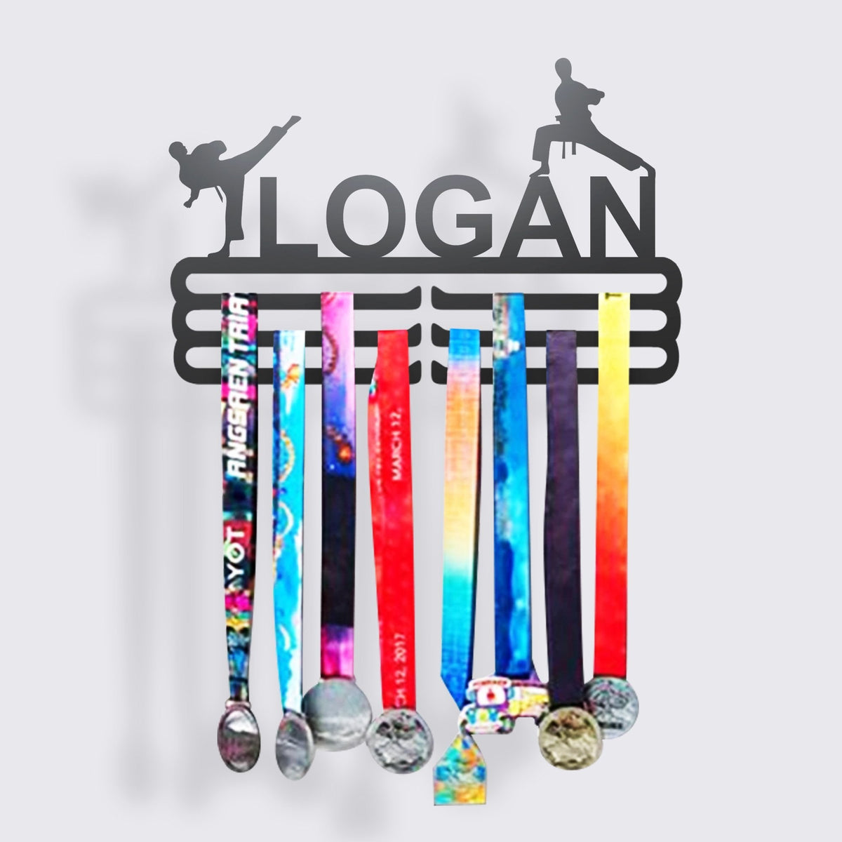 Personalized Karate Medal Hanger, alternate view of the custom steel medal display — Athlete's Gift Shop