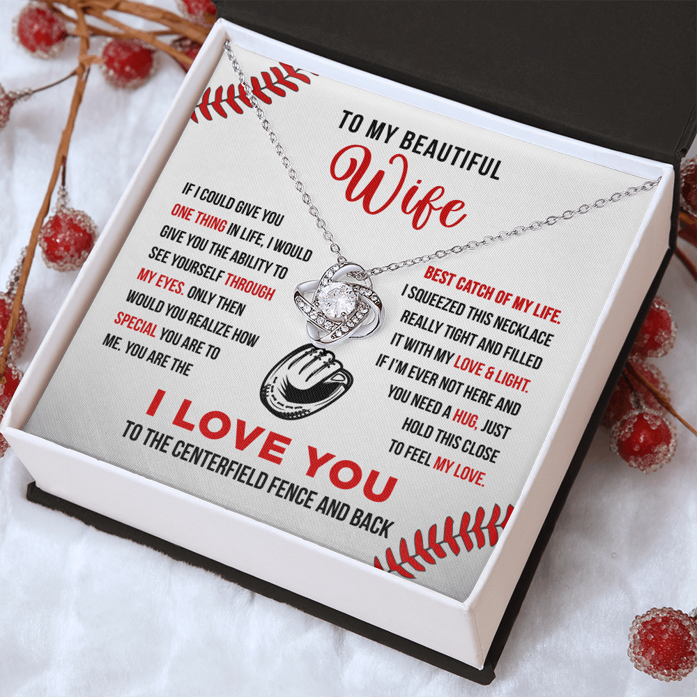 Love Knot Necklace - To My Baseball Wife, Best Catch, (White Card, Black, Red Text) - Athlete's Gift Shop