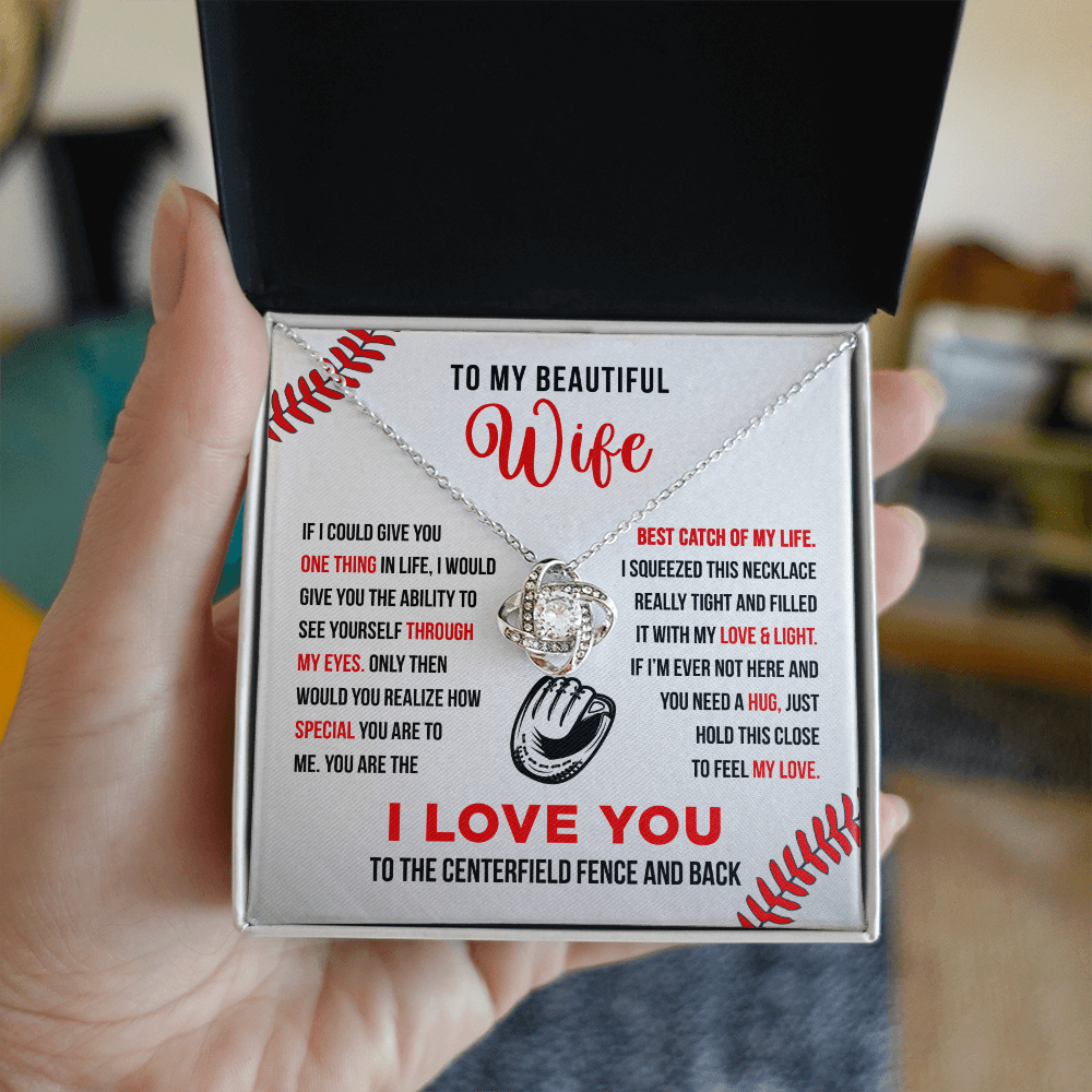 Love Knot Necklace - To My Baseball Wife, Best Catch, (White Card, Black, Red Text) - Athlete's Gift Shop