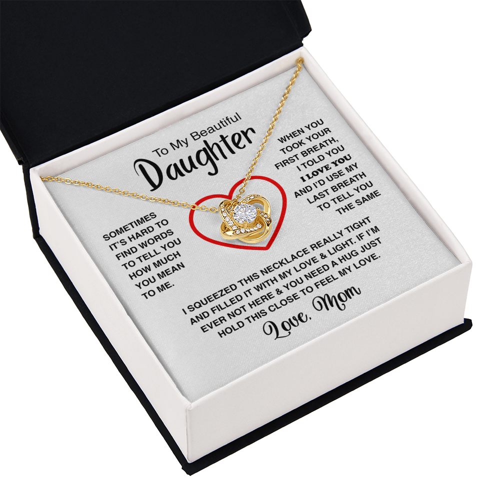 Love Knot Necklace - To My Beautiful Daughter, Love Mom (White Card, Black Text) - Athlete's Gift Shop