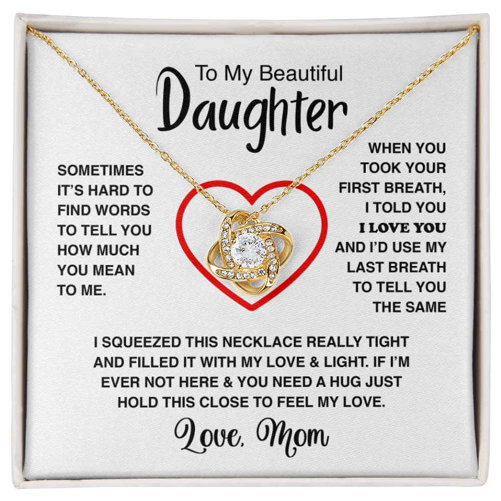 Love Knot Necklace - To My Beautiful Daughter, Love Mom (White Card, Black Text) - Athlete's Gift Shop