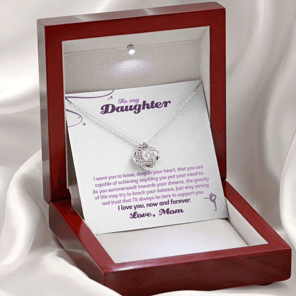 Love Knot Necklace - To My Gymnastics Daughter, Always Be Here, Love Mom (White Card, Purple Text) - Athlete's Gift Shop