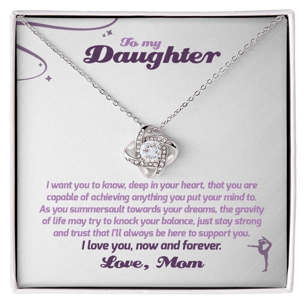 Love Knot Necklace - To My Gymnastics Daughter, Always Be Here, Love Mom (White Card, Purple Text) - Athlete's Gift Shop
