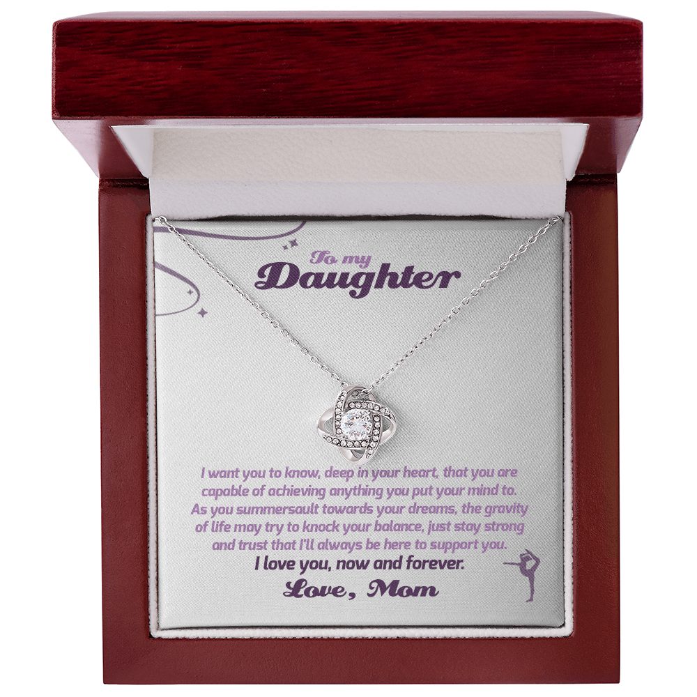 Love Knot Necklace - To My Gymnastics Daughter, Always Be Here, Love Mom (White Card, Purple Text) - Athlete's Gift Shop