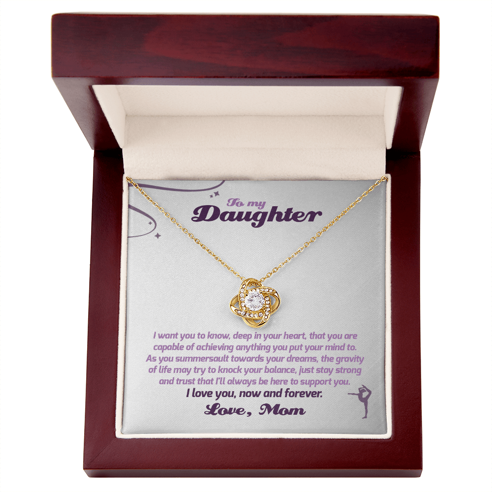 Love Knot Necklace - To My Gymnastics Daughter, Always Be Here, Love Mom (White Card, Purple Text) - Athlete's Gift Shop