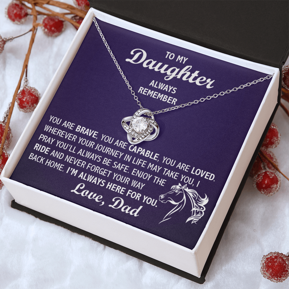 Love Knot Necklace - To My Horseback Riding Daughter, Enjoy the Ride, Love Dad(Purple Card, White Text) - Athlete's Gift Shop