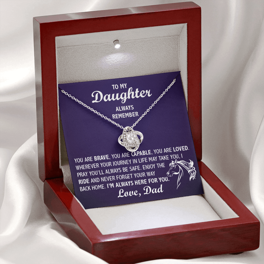 Love Knot Necklace - To My Horseback Riding Daughter, Enjoy the Ride, Love Dad(Purple Card, White Text) - Athlete's Gift Shop
