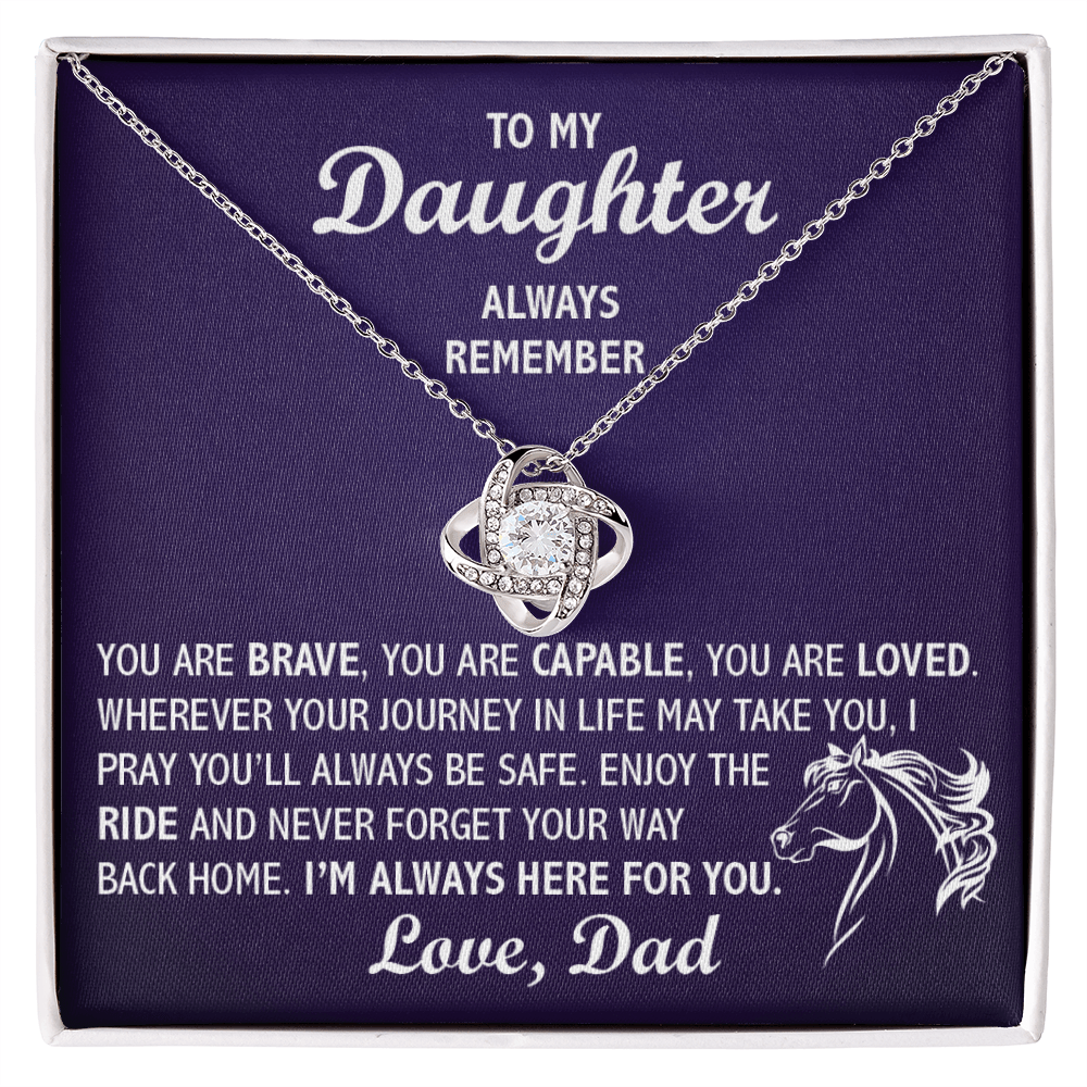 Love Knot Necklace - To My Horseback Riding Daughter, Enjoy the Ride, Love Dad(Purple Card, White Text) - Athlete's Gift Shop