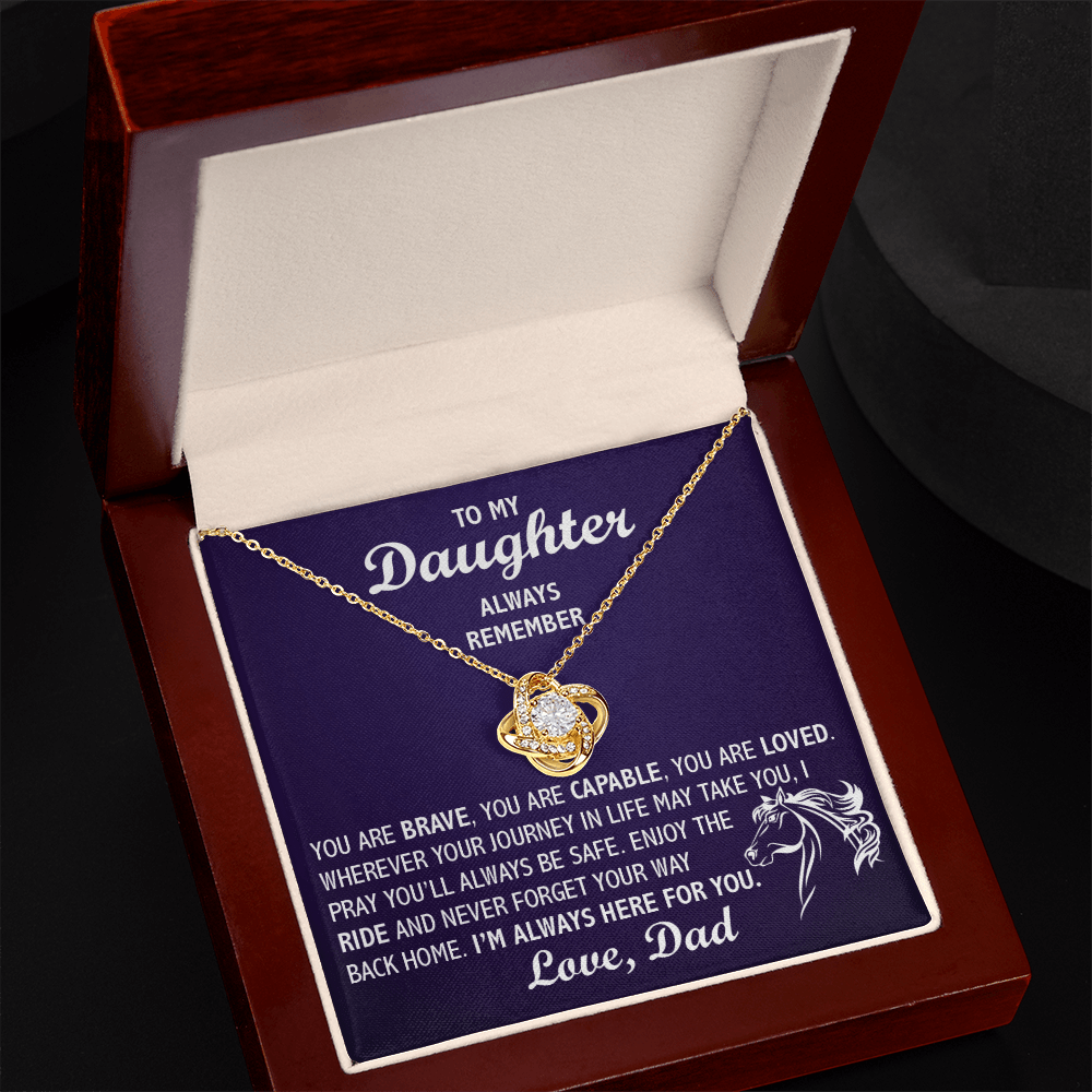 Love Knot Necklace - To My Horseback Riding Daughter, Enjoy the Ride, Love Dad(Purple Card, White Text) - Athlete's Gift Shop