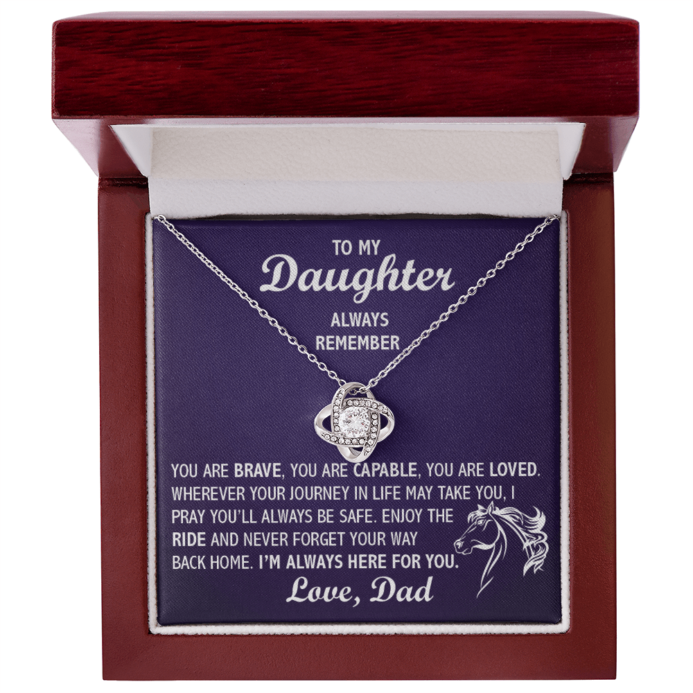Love Knot Necklace - To My Horseback Riding Daughter, Enjoy the Ride, Love Dad(Purple Card, White Text) - Athlete's Gift Shop
