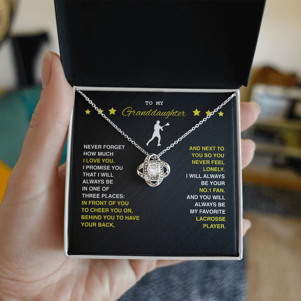 Love Knot Necklace - To My Lacrosse Granddaughter, Never Forget (black card , yellow text) - Athlete's Gift Shop