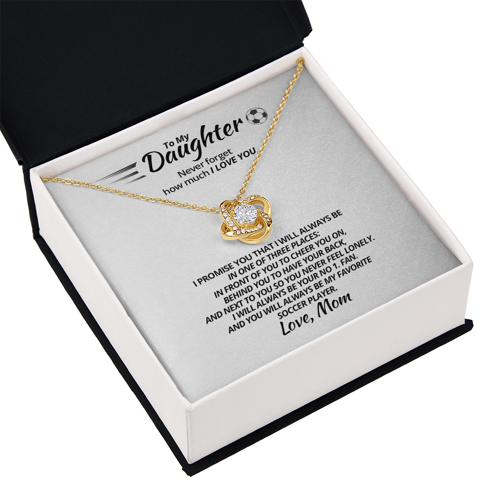 Love Knot Necklace - To My Soccer Daughter, Never Forget, Love Mom (White Card, Black Text) - Athlete's Gift Shop