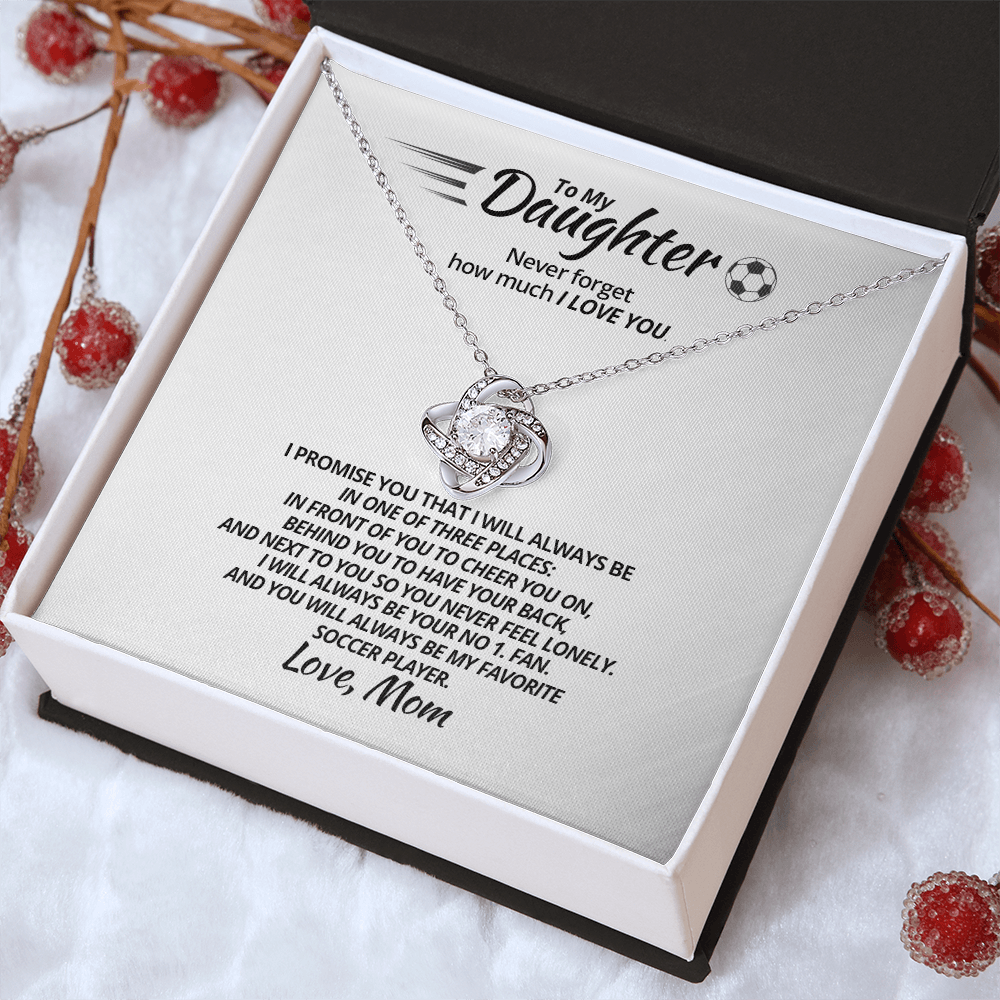 Love Knot Necklace - To My Soccer Daughter, Never Forget, Love Mom (White Card, Black Text) - Athlete's Gift Shop
