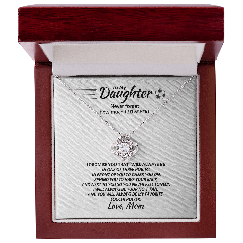 Love Knot Necklace - To My Soccer Daughter, Never Forget, Love Mom (White Card, Black Text) - Athlete's Gift Shop